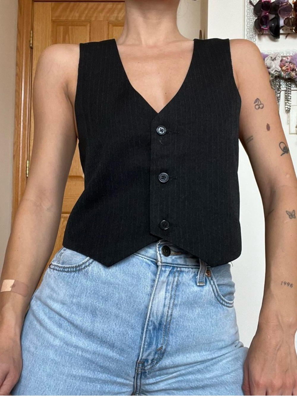 Vintage Women's Button Up Vest Top - Micro Pinstriped - Dark Grey/Black